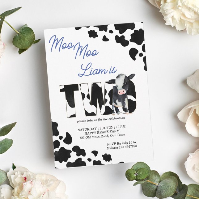 Invitation Moo moo vache noir et bleu jolie vache fête d'anni (Créateur téléchargé)