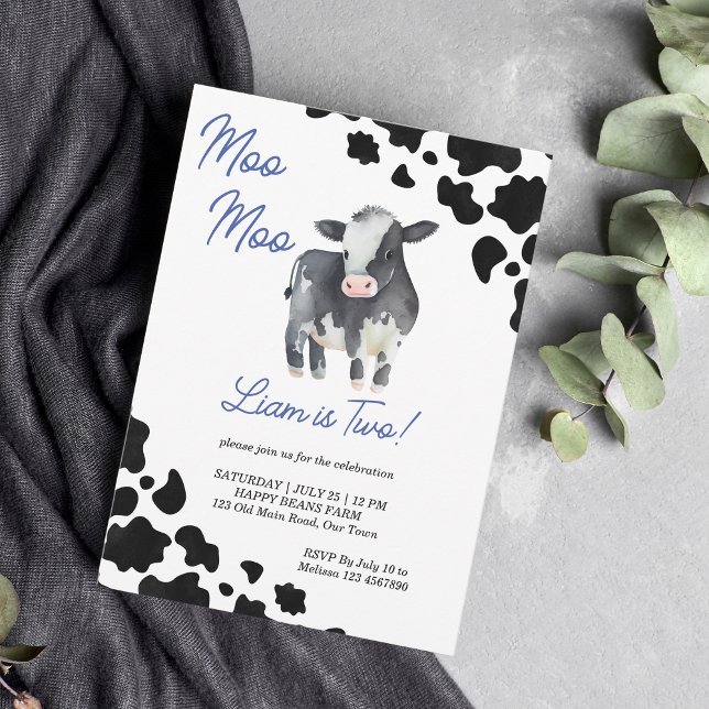 Invitation Moo moo vache noir et bleu jolie vache fête d'anni (Créateur téléchargé)
