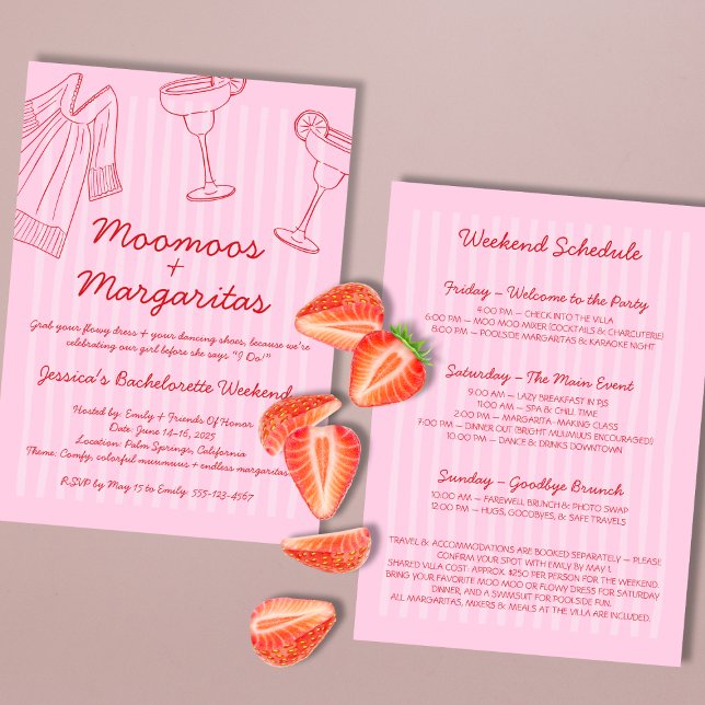 Invitation Moo Moos & Margaritas Bachelorette rose et rouge (Moo Moos & Margaritas Pink & Red Bachelorette Invitation)
