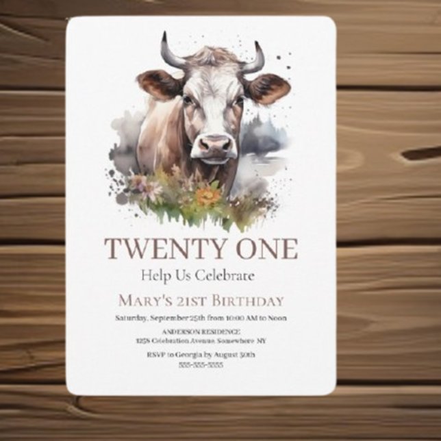 Invitation Moo-velous 21ème anniversaire (Celebrate your special day with a charming "Save the Date" birthday cow invitation)