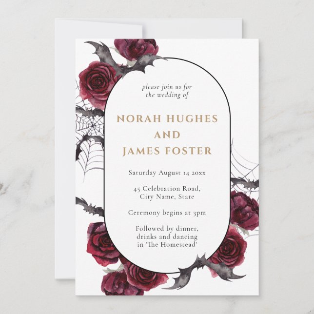 Invitation Moody Arch Floral Bourgogne Noir Halloween Mariage (Devant)