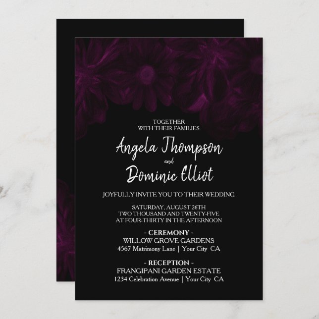 Invitation Moody Black avec Mariage rose (Devant / Derrière)