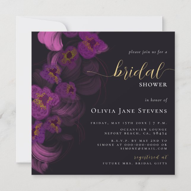 Invitation Moody Black Dark Purple Orchids Chic Fête des mari (Devant)