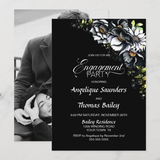 Invitation Moody Black Floral Custom Photo Party (Devant / Derrière)