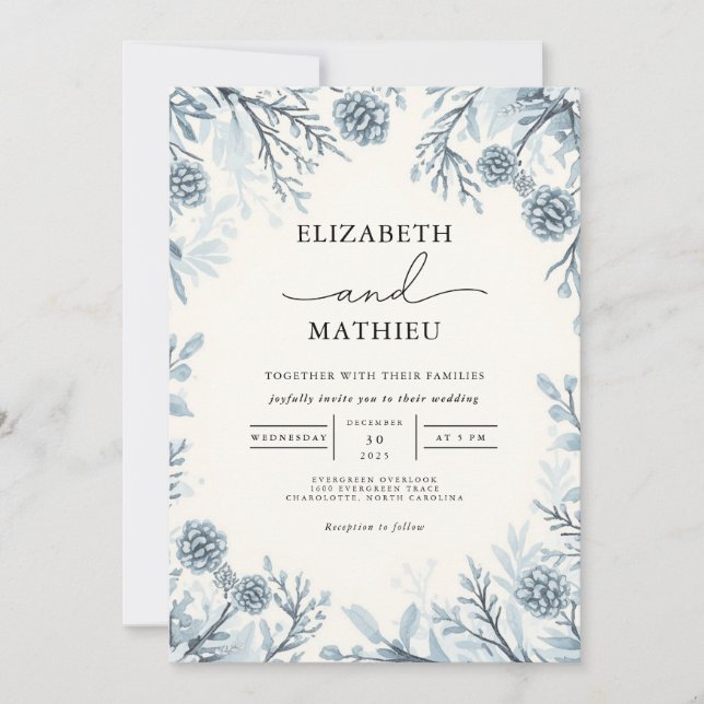 Invitation Moody Bleu Botanique Mariage (Devant)