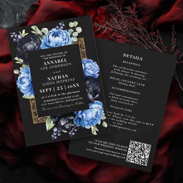 Invitation Moody Blue Black Elegant Floral Mariage QR Code (Créateur téléchargé)