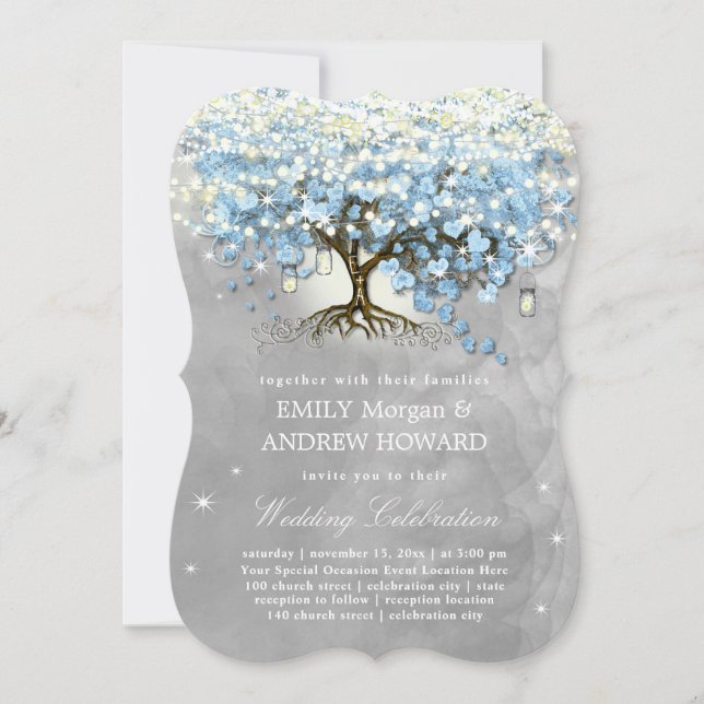 Invitation Moody Blue Grey Silver Heart Leaf Mariage Arbre (Devant)