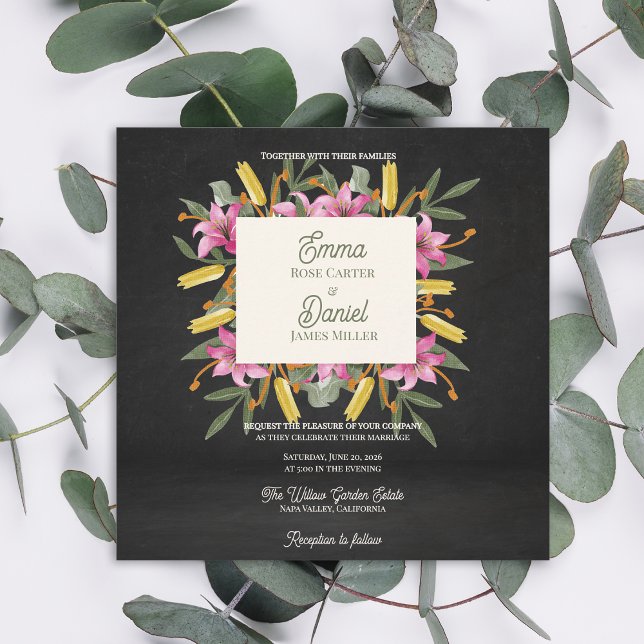 Invitation Moody Blush Lily Elegant Romantic Black Wedding (Moody Blush Lily Black Wedding Invitation | Elegant Dark Floral Botanical Evening Wedding Invite)