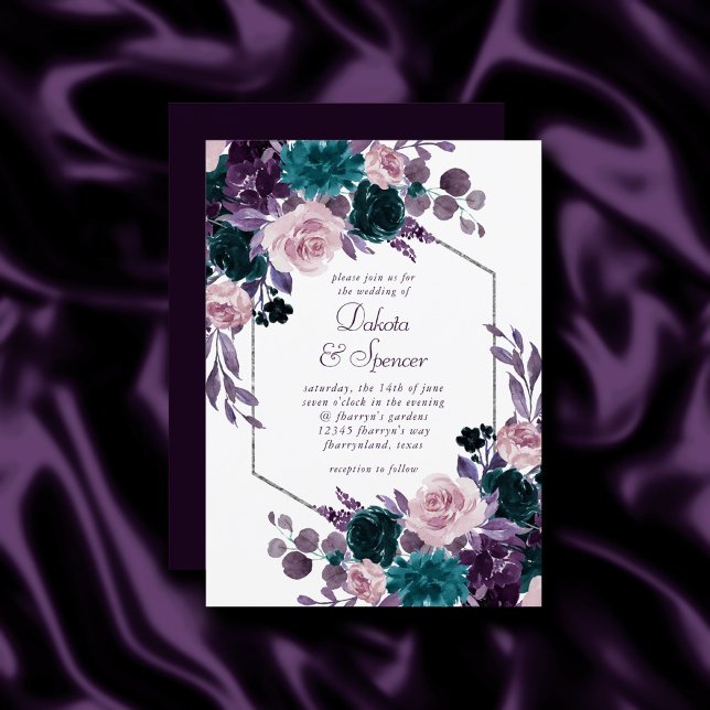 Invitation Moody Boho | Bouquet de cadre argenté violet d'aub (Créateur téléchargé)