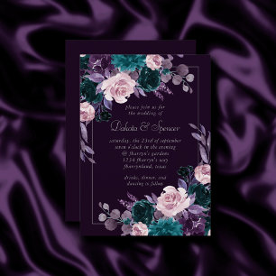 Invitation Moody Boho   Eggplant foncé Purple et Bouquet Turq