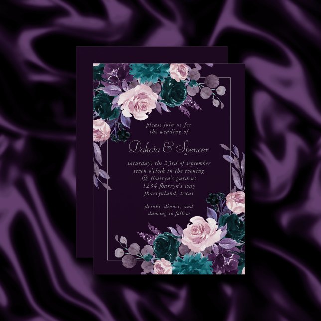 Invitation Moody Boho | Eggplant foncé Purple et Bouquet Turq (Créateur téléchargé)