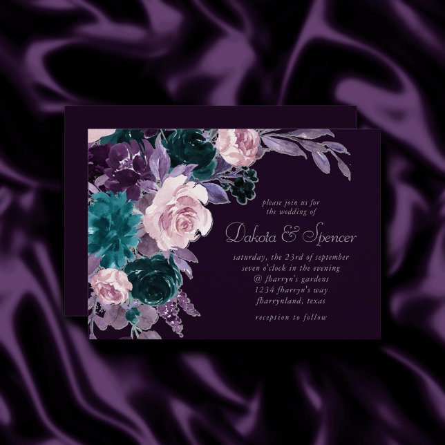 Invitation Moody Boho | Eggplant foncé Purple et Bouquet Turq (Créateur téléchargé)