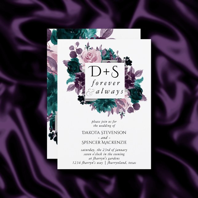 Invitation Moody Boho | Eggplant Purple Floral Monogramme Pho (Créateur téléchargé)