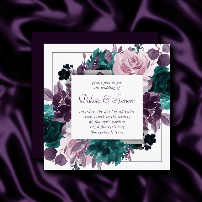 Invitation Moody Boho | Eggplant Violet Floral Argent Cadre (Créateur téléchargé)
