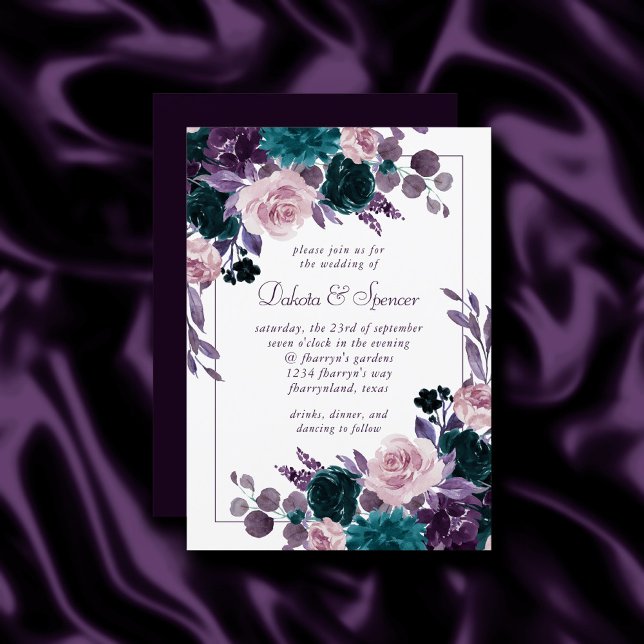 Invitation Moody Boho | Mariage de cadre floral pourpre d'aub (Créateur téléchargé)