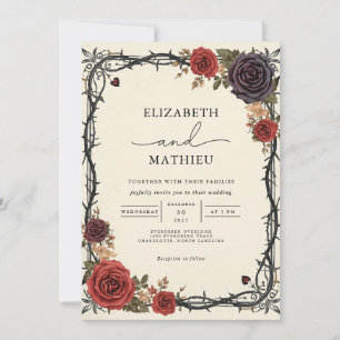Invitation Moody Bourgogne et Mariage botanique gothique noir