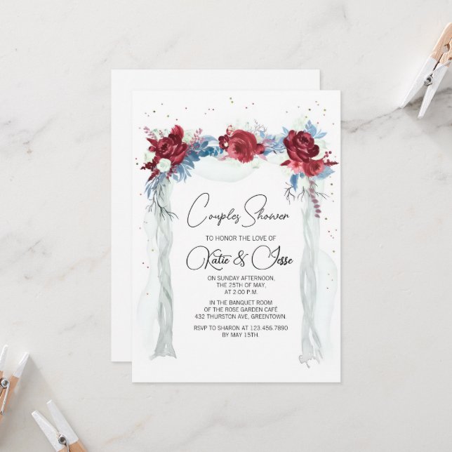 Invitation Moody Burgundy Floral Arch Couples Shower  (Devant/Arrière en situation)