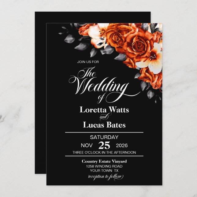 Invitation Moody Burnt Orange Rose Floral Black Mariage (Devant / Derrière)