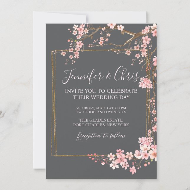 Invitation Moody Charcoal and Pink Cherry Blossom Wedding (Devant)