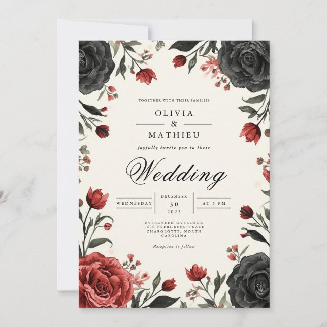 Invitation Moody Crimson Bloom Floral Mariage (Devant)
