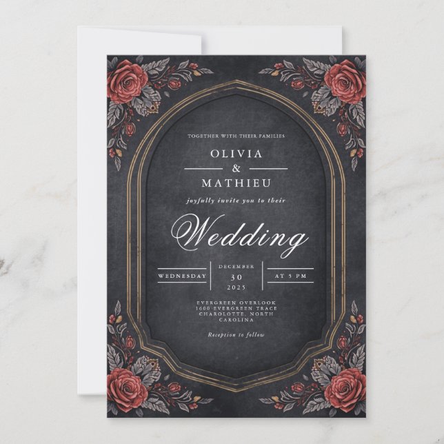 Invitation Moody Crimson Floral Arch Mariage (Devant)