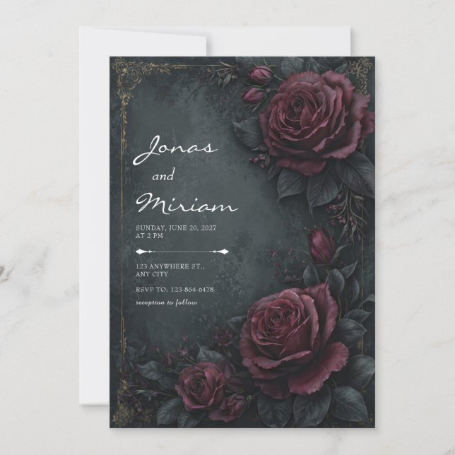 Invitation Moody Dark Charcoal Burgundy Rose Floral Wedding (Devant)