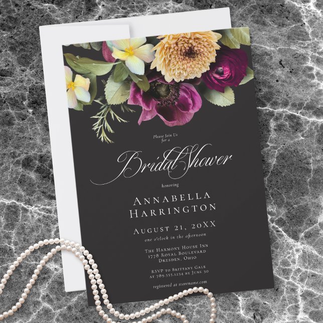 Invitation Moody Dark Floral Black Burgundy Bridal Shower (Moody Dark Floral Black Burgundy Bridal Shower Invitation)