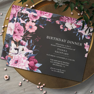 Invitation Moody Dark Floral   Dîner d'anniversaire noir et r