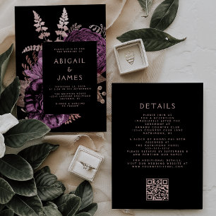 Invitation Moody Dark Floral Purple Rose Gold QR Code Mariage