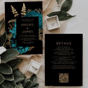 Invitation Moody Dark Floral Turquoise Gold QR Code Mariage