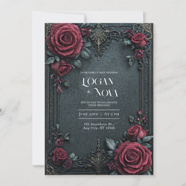 Invitation Moody Dark Gothic Burgundy Rose Ornate Wedding (Devant)