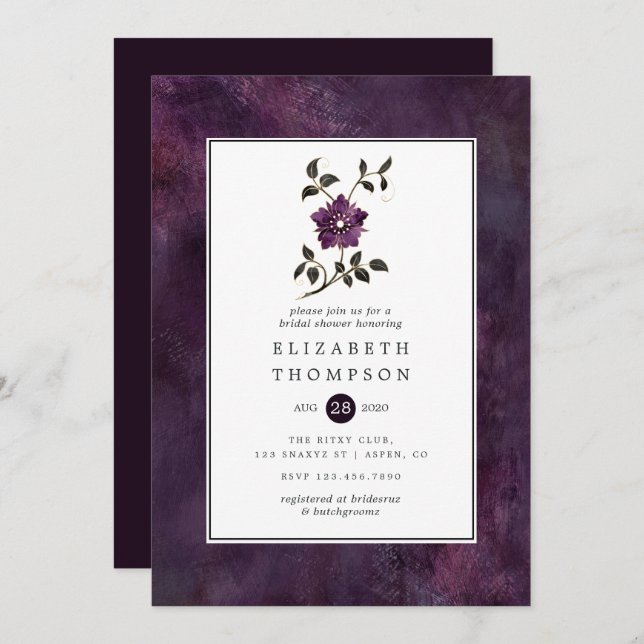 Invitation Moody Deep Plum Velvet Fête des mariées florale (Devant / Derrière)