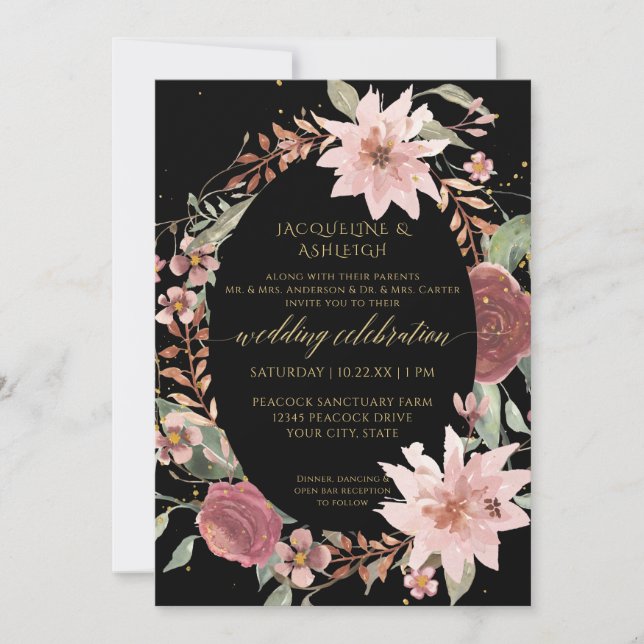 Invitation Moody Elegant Aquarelle Fleurs Noir Blush Rose (Devant)