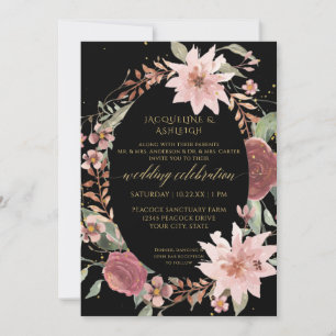 Invitation Moody Elegant Aquarelle Fleurs Noir Blush Rose