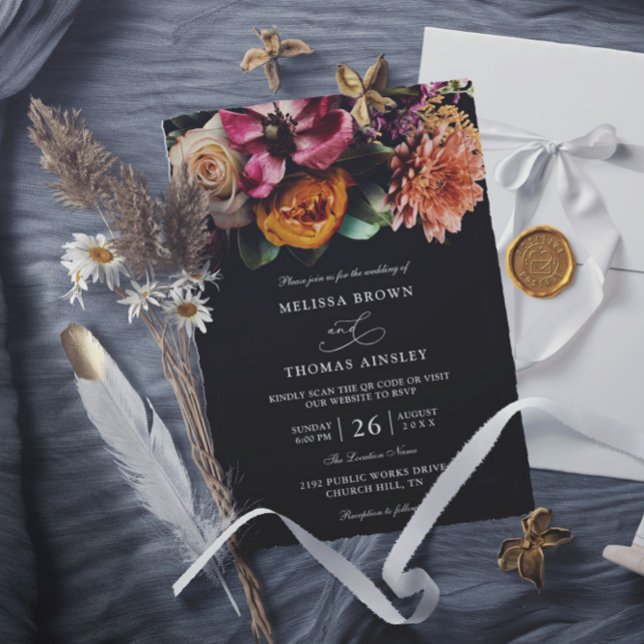 Invitation Moody Elegant Floral Dark Budget QR Code Wedding (Créateur téléchargé)