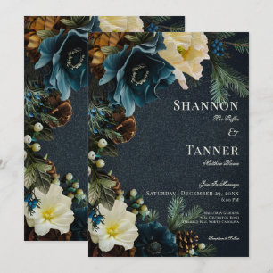 Invitation Moody Elegant Hiver Bleu Floral Pine Mariage