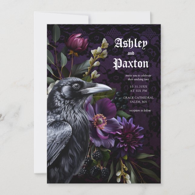 Invitation Moody Elegant Purple Jardin Gothique Floral Crow (Devant)
