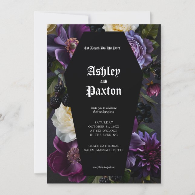 Invitation Moody Elegant Purple Jardin Gothique Mariage Flora (Devant)