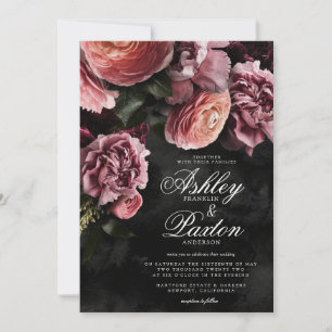 Invitation Moody Elegant Rose   Bouquet floral sur Black Invi