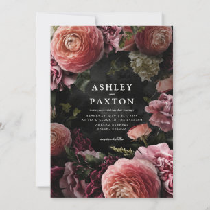 Invitation Moody Elegant Rose   Bouquet floral sur Black Invi