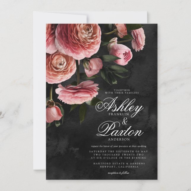 Invitation Moody Elegant Rose | Bouquet floral sur Black Invi (Devant)