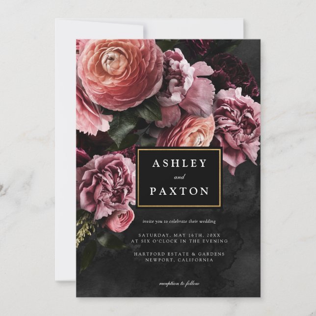 Invitation Moody Elegant Rose | Bouquet floral sur noir (Devant)
