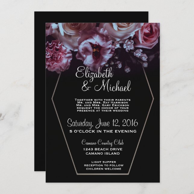 Invitation Moody Floral & Black Mariage Avec Argent (Devant / Derrière)