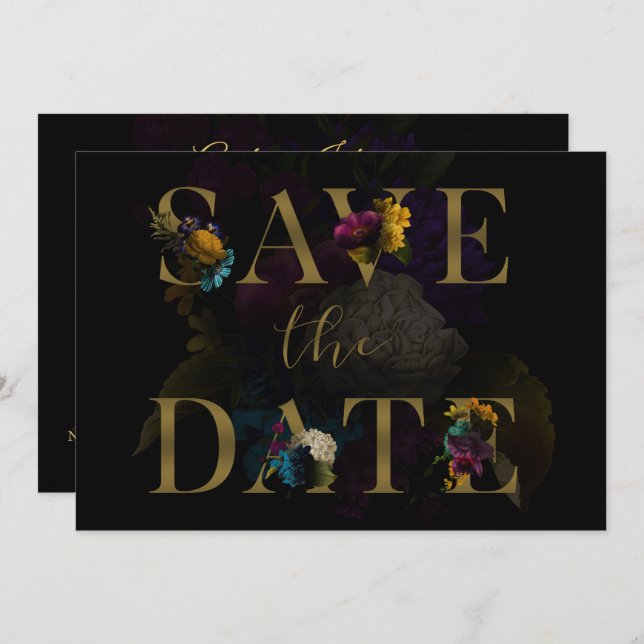Invitation Moody Floral Noir Mariage Monogramme Enregistrer L (Devant / Derrière)
