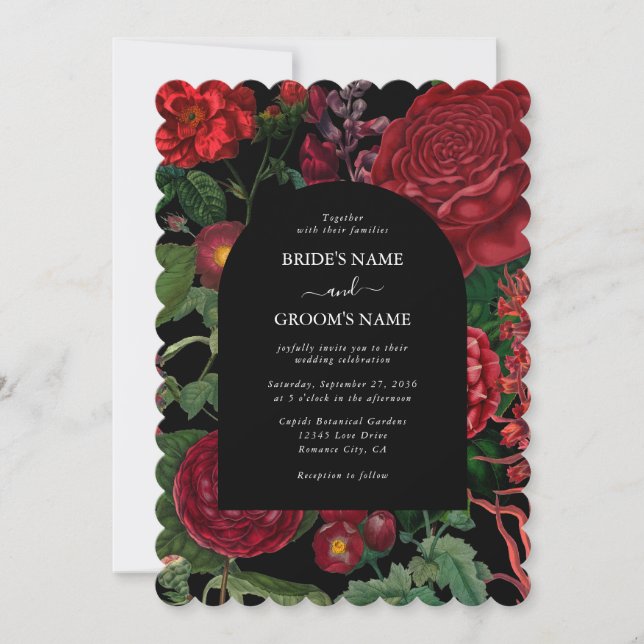 Invitation Moody Florals Arc Noir Bourgogne Rouge Mariage (Devant)