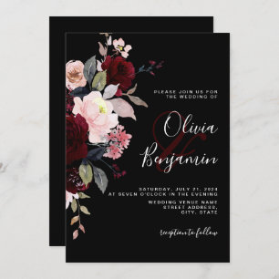 Invitation Moody foncé élégant Floral noir Bourgogne Mariage
