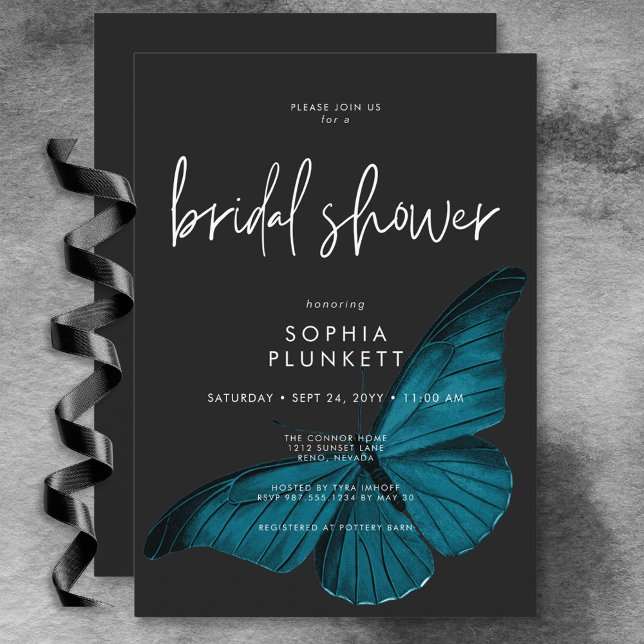 Invitation Moody foncé Fête des mariées Moth Turquoise minima (Dark Moody Minimal Teal Moth Bridal Shower Invitation)