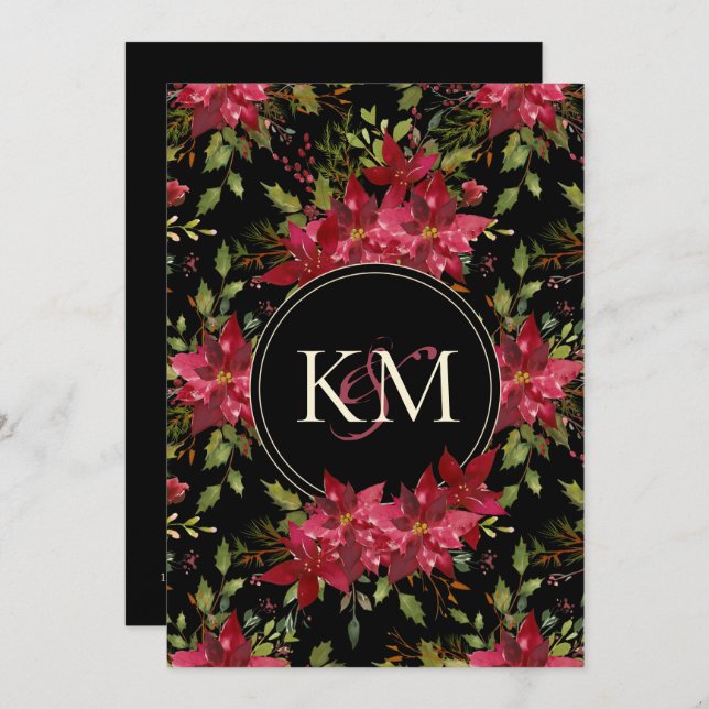 Invitation Moody foncé Mariage Claret Red Poinsettia Monogram (Devant / Derrière)