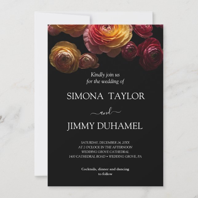 Invitation Moody foncé mariage floral Ranunculus (Devant)