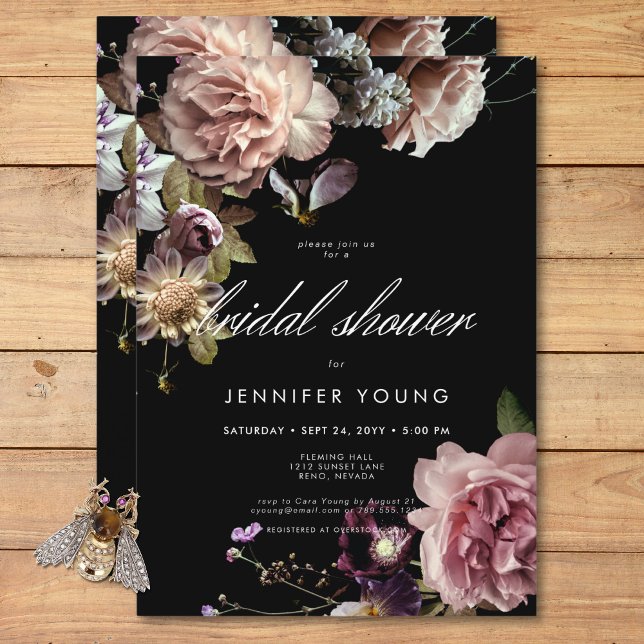 Invitation Moody foncé Pastel Fête des mariées florale opulen (Dark Moody Pastel Opulent Floral Bridal Shower Invitation)